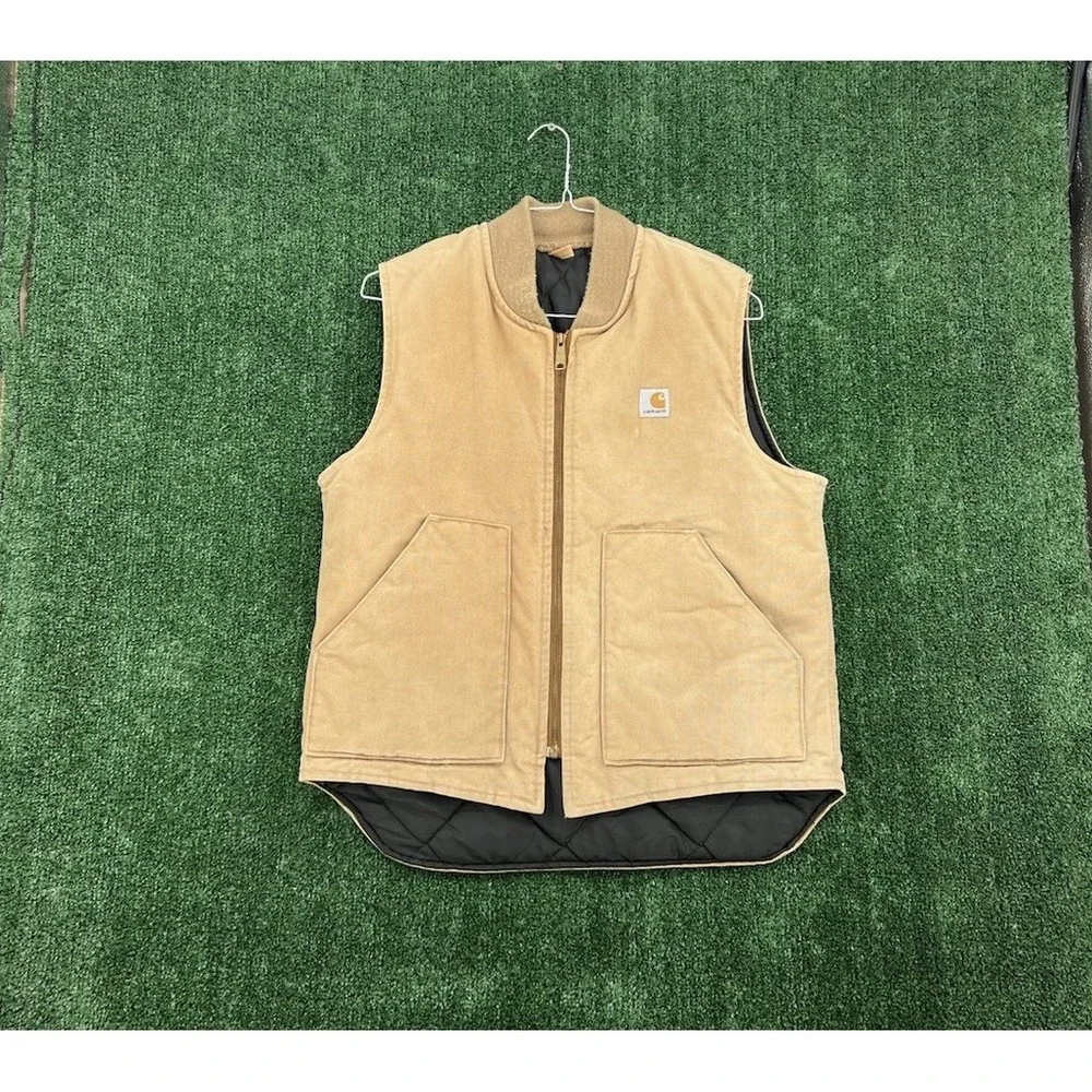 Carhartt Duck Vest Mens Large Tan Quilted Lined USA Made Vtg V0186 Faded Work